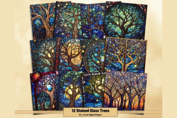 Stained Glass Trees Digital Backgrounds for Creative Projects