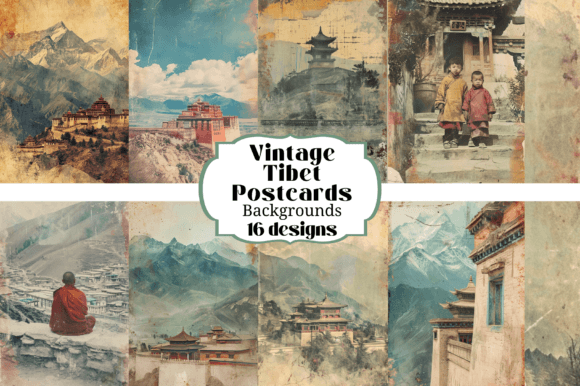 Unlocking History: The Art of 16 Vintage Tibet Postcards Backgrounds